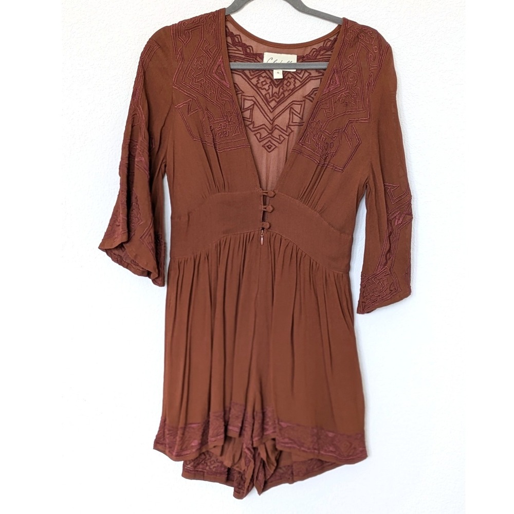 Cleobella‎ Menorca Embroidered Romper Ginger Burnt Orange Rayon Bell Sleeve